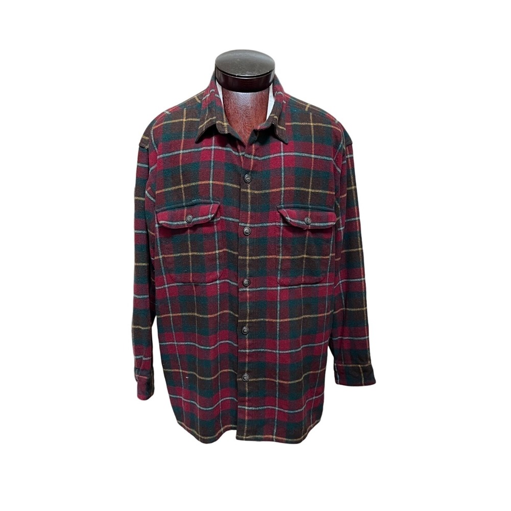 Wool Flannel Shacket Shirt Mens Large Red Green Plaid Button Down‎ Lumberjack